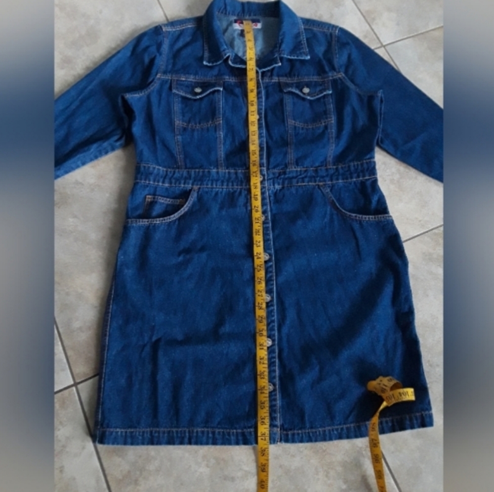 Classic Long Sleeve Dark Blue Denim Button-Up Dress. - Picture 7 of 8